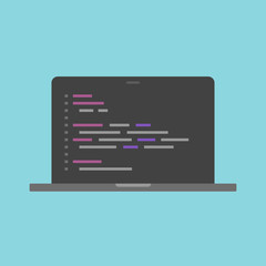 Aufkleber - Programming code on laptop computer screen or php script coding on pc display icon vector symbol isolated, illustrated html or css editing or software development image