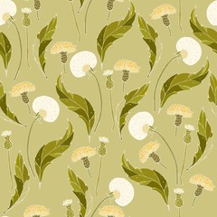 Seamless vector pattern with flowers, inflorescence and leaves of dandelions on a light blue background. Square repeating template for fabric and wallpaper. Hand-drawn illustration