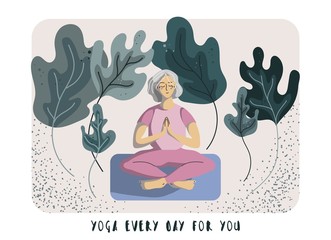 A silver generation woman sits in a lotus position on a beige, cream background. Daily yoga classes for seniors. Sports activities for the elderly. The inscription 