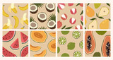 Fototapeta Boho - Trendy set of minimalistic summer tropical fruit backgrounds in pastel shades