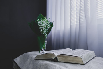 Wall Mural - Open Holy Bible and flower in vase on a white table, black   wall and window  background. Stay at home. Religion concept.