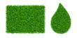 Green grass background 3D set. Lawn greenery nature drop, grass frame isolated on white. Field texture square rectangle, droplet. Landscape grassland pattern. Grassy grow design. Vector illustration