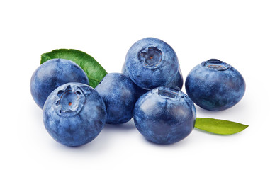 Wall Mural - Fresh blueberries with bluberry leaves isolated on white background.