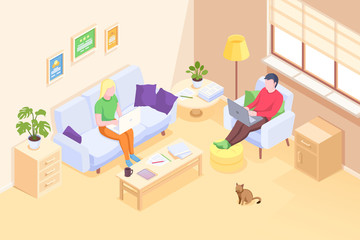 Aufkleber - Couple working online home, freelancer man and woman with computer laptops, vector isometric illustration. Self employed couple freelance bloggers or designers, quarantine isolation social distance
