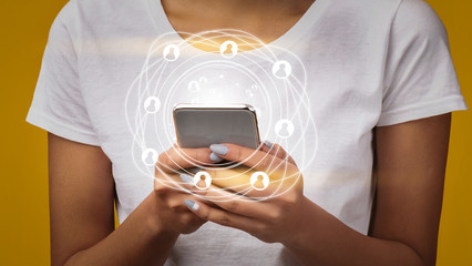 Poster - Global connections. Young woman using web on mobile phone, collage with worldwide network icons, close up. Panorama