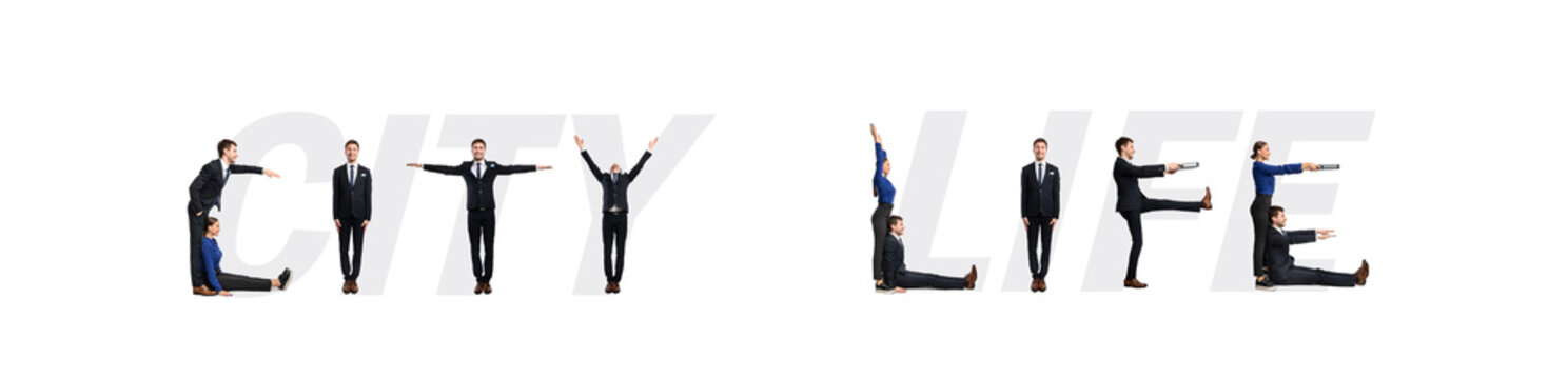 Group of workers forming city life phrase at studio