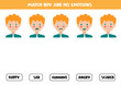Match face expressions of boy with emotions. Logical worksheet.