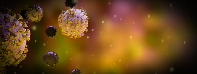 Poster - Microscopic close-up of the covid-19 disease. Coronavirus illness spreading in body cell. 2019-nCoV analysis on microscope level 3D rendering