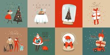 Hand Drawn Vector Abstract Fun Merry Christmas Time Cartoon Cards Collection Set With Cute Illustrations,surprise Gift Boxes,dogs And Handwritten Modern Calligraphy Text Isolated On White Background