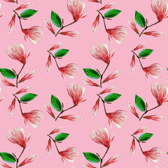 Sticker - Seamless pattern with blooming magnolia flowers and leaves. Gouache illustration. Pattern on pink background for your design, wrapping paper, fabric, background