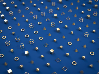 Fototapete - 3d render of golden spheres, cubes, pyramids and oter geomettric shapes on blue background.  Backdrop with copyspace in minimalistic style. Minimalist background