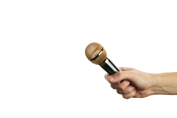 golden microphone in hand isolated on a white background. copy space. sound recording equipment. for design or decoration