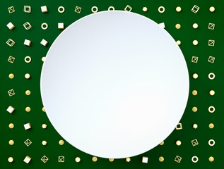 Fototapete - White round sign, banner or frame over golden geometry figures and shapes on green background. Place your text or advertisemnt on copy space. Perfect background or mockup for placing your text or