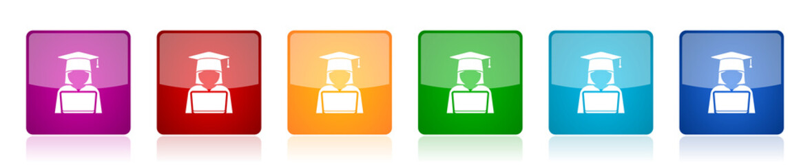 Aufkleber - Student with laptop icon set, computer, education colorful square glossy vector illustrations in 6 options for web design and mobile applications