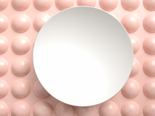 Poster - White blank round plate or frame over pink balls and spheres on pink background. Perfect image for placing your text or design. Use in porduct presentation and branding in cosmetics, entertainment and
