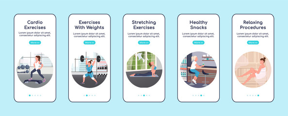 Gym workout onboarding mobile app screen flat vector template. Training and healthy lifestyle walkthrough website steps with characters. UX, UI, GUI smartphone cartoon interface, case prints set
