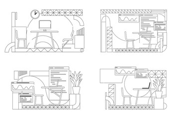 Poster - Office interior designs outline vector illustrations set. Creative studio furnished rooms contour compositions on white background. Coworking space simple style drawings collection