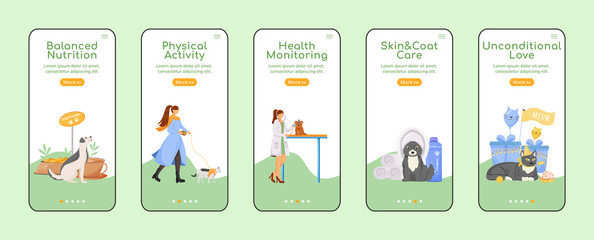 Poster - pet care onboarding mobile app screen flat vector template. pet owner walk dog. healthcare service. 