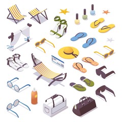 Big isometric set with women travel and vacation accessories like hammock, flip flops, eyeglasses, hat and sandals. Vector collection for tropical paradise