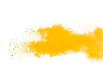 Wall Mural - Orange powder dust particles explosion on white  background.Orange dust particles splash.