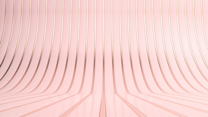 Poster - Abstract background of golden and pink stripes. Wavy curved copper and pastel pink backdrop. 3d render