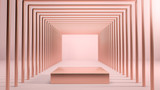 Fototapeta Perspektywa 3d - Abstract scene with golden square stage,podium or pedestal over pink background in tunnel made of golden shapes. B Cosmetics and fashion image. 3d render