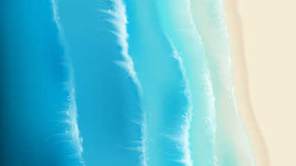 Top view on sea sandy beach. Realistic aerial view on foamy sea waves splashing on sandy coast. Vector illustration with cascade of ocean waves.