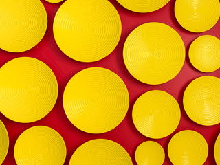 Poster - Abstract scene with yellow round disk or plates over red background. Polka dot pattern. 3d render