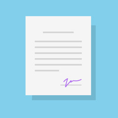 Poster - Document with signature and text or legal agreement contract vector flat cartoon icon, illustrated paper page signed isolated modern design image