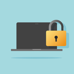 Aufkleber - Computer with lock on screen or protected pc access via padlock vector flat cartoon, idea of illustrated internet protection or secure online technology, digital security or privacy device account