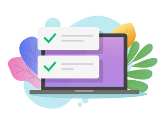 Fototapete - Computer laptop with notification messages or pc with approved check list vector flat cartoon, illustrated computer screen with online notices or updated task modern design
