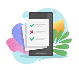 Fototapete - Online form survey or exam test results document on mobile phone vector flat cartoon, illustrated smartphone with quiz paper sheet docs icon and check list poll, questionnaire or internet task image