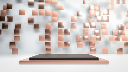 Poster - Abstract scene with copper and golden tiles flying above metal podium,pedestal or stage in white studio. Perfect image for fashion, clothes or cosmetics. 3d render