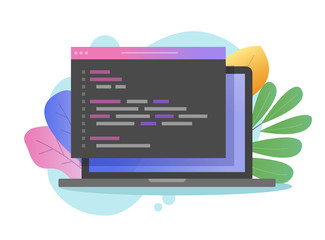 Aufkleber - Programming javascript or html code on laptop computer screen or coding php script on pc vector flat cartoon, illustrated computer programme source code on browser window modern design colorful image