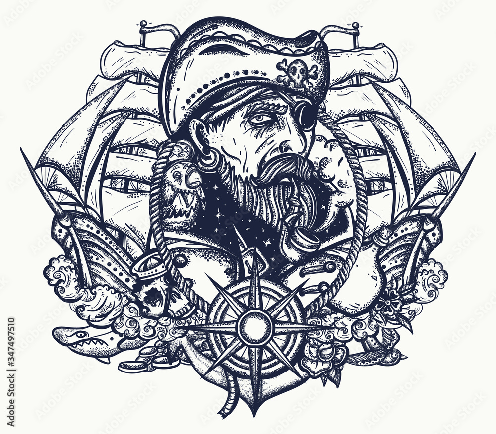 Old captain and pirate ships. Elderly sea wolf smocking pipe, parrot ...