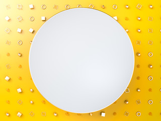 Fototapete - White blank round frame or banner over golden shapes and figures on yellow background. Place your text on copy space. 3d render