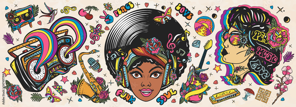 Funk music. Old school tattoo vector collection. African American young funky woman. Soul party hippie girl, saxophone, guitar and retro rainbow boom box. Traditional musical tattooing style - obrazy, fototapety, plakaty 