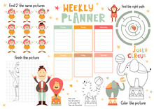 Jolly Circus Kids Weekly Planner Template. Schedule For Children. Set Of Kids Puzzles For Preschool, Kindergarten, School. Vector Illustration. Funny Circus Animals And Characters.