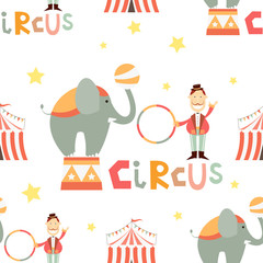 Sticker - Circus Seamless Pattern - Cartoon Circus Tamer and Elephant. Amusement background. Vector Illustration. Print for Wallpaper, Baby Clothes, Wrapping Paper. Don't contain clipping mask and gradient.