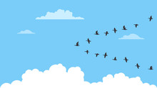 Detailed Flat Vector Illustration Of A Flock Of Migrating Birds On A Blue Background With Clouds. World Migratory Birds Day. Feel Free To Use Only Parts Of The Illustration Too.