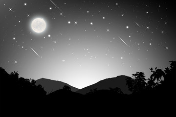 Wall Mural - Night landscape with silhouettes of mountains and sky with stars and fullmoon, Starry night sky background.  blue sky with shinning stars, vector illustration
