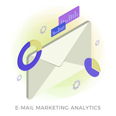 Poster - Email marketing analytics service concept icon. Analysis with graph and chart of advertising, news and other promotional materials by e-mail to subscribers in modern flat isometric style.