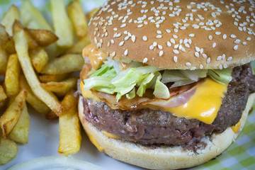 Sticker - burger au boeuf et frites dans une assiette