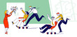 © Sergii Pavlovskyi - Happy Colleagues Characters Having Fun at Workplace Conducting Office Chair Races. Corporate Activity, Laziness, Employees Competition, Challenge and Fooling Fun. Linear Vector People Illustration