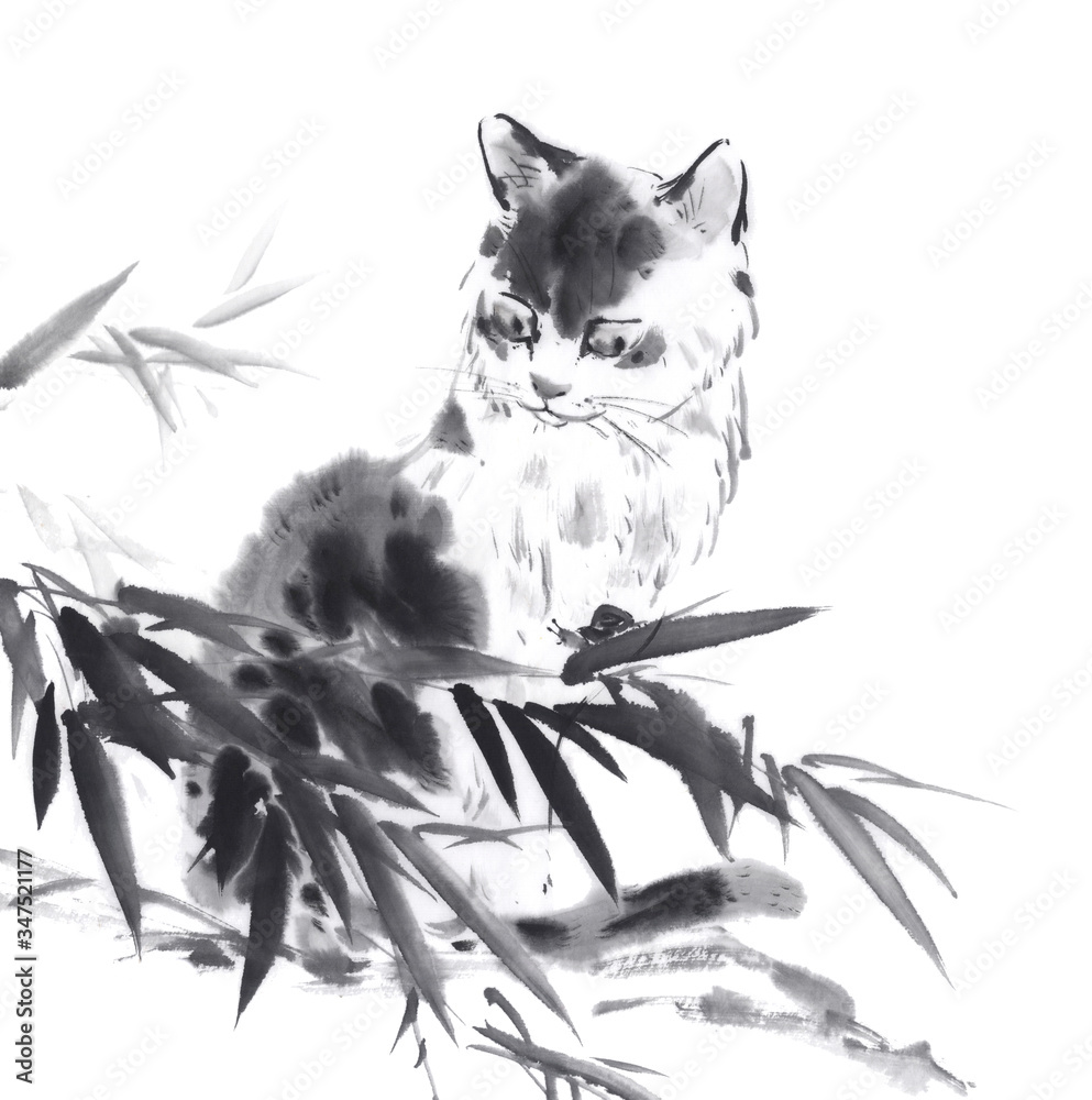 猫にカタツムリ 水墨画 の Stock イラスト | Adobe Stock