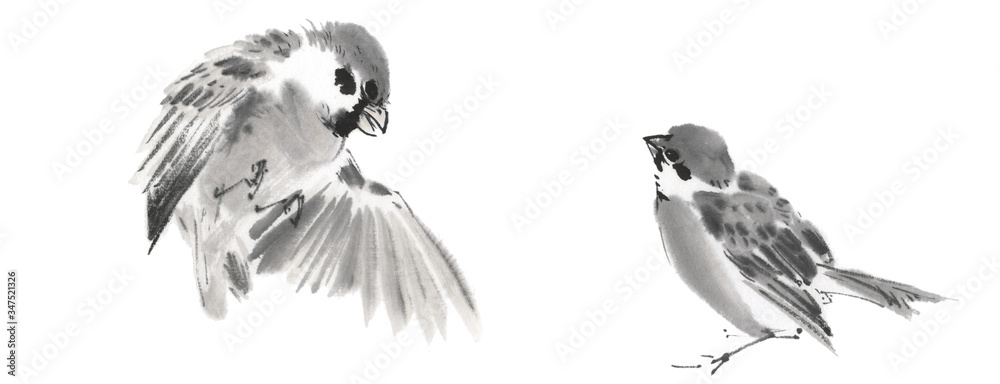 雀 水墨画 Stock Illustration | Adobe Stock
