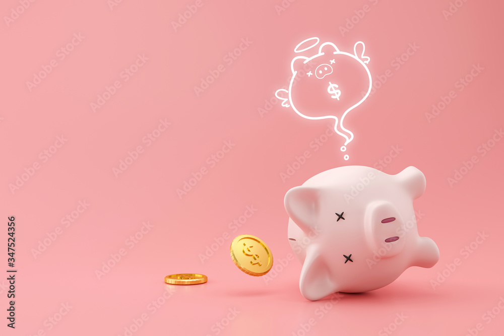 Piggy bank and golden coins on pink background with lost money concept. Financial planning for the future. 3D rendering. - obrazy, fototapety, plakaty 