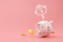 Piggy Bank And Golden Coins On Pink Background With Lost Money Concept. Financial Planning For The Future. 3D Rendering.