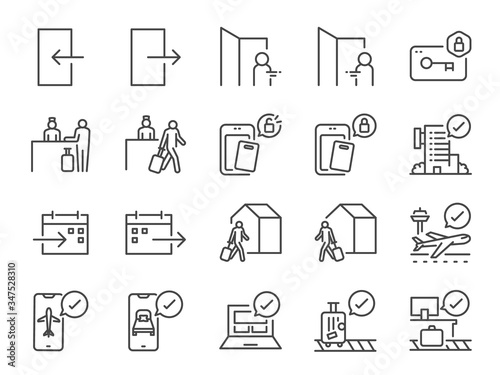 Fotografía Check-In and Check-Out line icon set