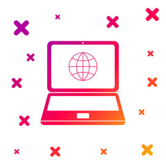 Poster - Color Globe on screen of laptop icon isolated on white background. Notebook computer with globe sign. Gradient random dynamic shapes. Vector Illustration